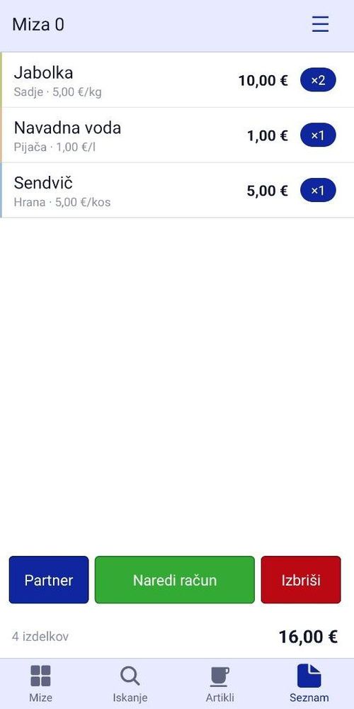 Seznam artiklov na računu